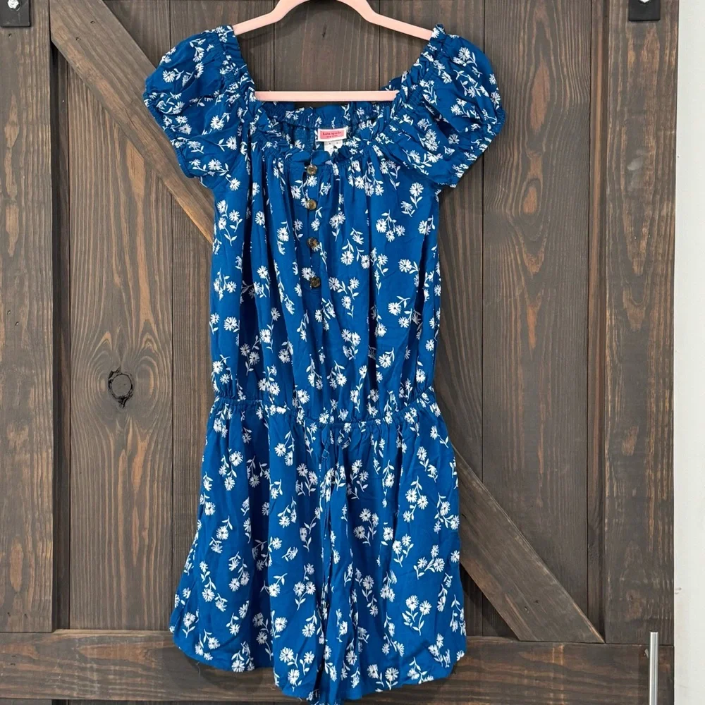 Kate Spade Blue Button Front Floral Off Shoulder Shorts Playsuit Romper Sz Small